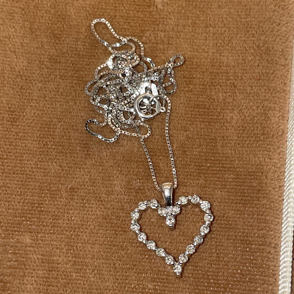 Solid Stamped 14k White Gold Natural Diamond Heart Pendant Box Chain Necklace